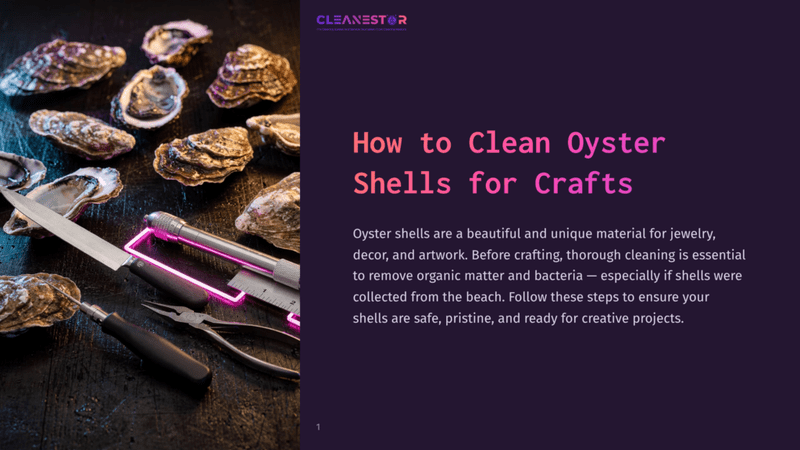 1 How To Clean Oyster Shells For Crafts Overhead View Of Fresh Oysters On A Dark Wooden Surface, With Oyster Shucking Tools Including A Knife, Pliers, And A Ruler. The Text &Quot;How To Clean Oyster Shells For Crafts&Quot; Is Visible.