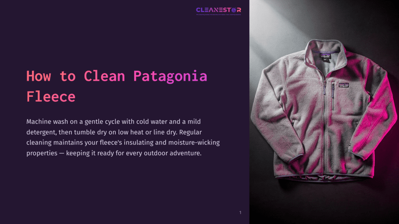 A Gray Patagonia Fleece Jacket Hangs On A Hanger, Illuminated By Dramatic Pink Lighting. The Text &Quot;How To Clean Patagonia Fleece&Quot; Is Visible On The Left Side Of The Image.