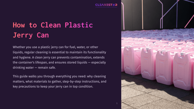 1 How To Clean Plastic Jerry Can Pink Plastic Jerry Cans Are Neatly Stacked In Rows On A Gray Tiled Surface, With A Blurred Background Of More Cans And A Hint Of Neon Lights. The Text &Quot;Cleanestor&Quot; Is Visible At The Top.