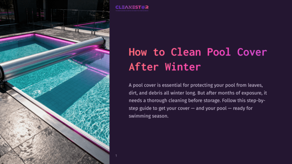 1 How To Clean Pool Cover After Winter A Clean Pool Cover With Pink Led Lights Is Rolled Onto A Reel Next To A Pristine Swimming Pool, Ready For The Swimming Season.