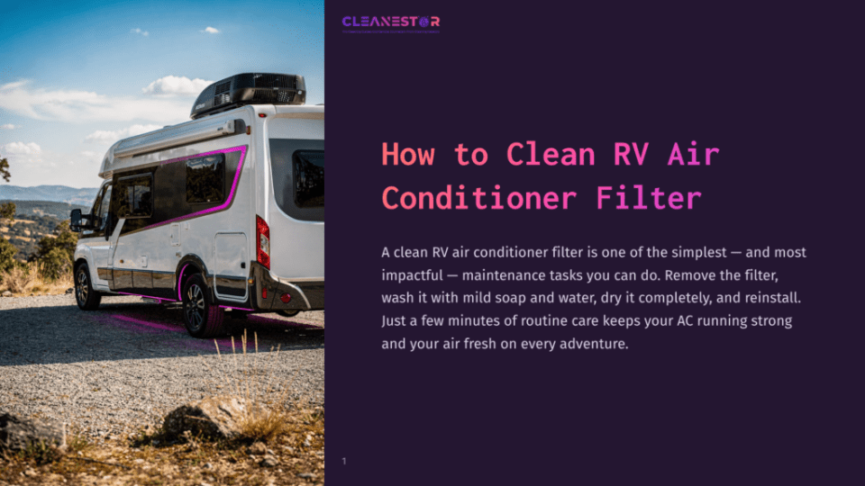 A White Rv Camper Van With Purple Accents Sits Parked On A Gravel Road With A Scenic, Hilly Landscape In The Background. The Text &Quot;Cleanestor&Quot; And &Quot;How To Clean Rv Air Conditioner Filter&Quot; Is Visible On The Right Side Of The Image.