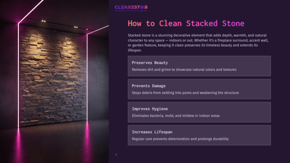 1 How To Clean Stacked Stone Cleanestor Logo At The Top Of A Dark Purple Slide With Text About Cleaning Stacked Stone. A Stacked Stone Wall With Pink Neon Lighting Is On The Left.