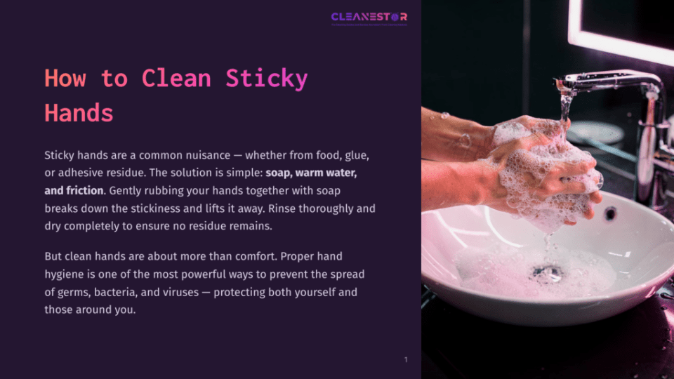 1 How To Clean Sticky Hands Hands Being Washed With Soap And Water In A White Sink, Creating A Lather. The Image Is Part Of A &Quot;Cleanestor&Quot; Guide On How To Clean Sticky Hands.