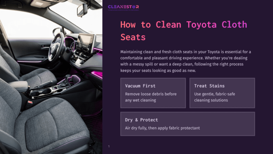 1 How To Clean Toyota Cloth Seats Interior Of A Modern Toyota Car, Showcasing Clean Cloth Seats And Ambient Purple Lighting. Text Overlay: &Quot;How To Clean Toyota Cloth Seats&Quot; And Cleaning Tips.