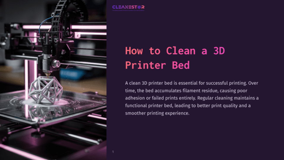 1 How To Clean A 3D Printer Bed A 3D Printer Nozzle Deposits White Filament Onto A Complex Geometric Print On A Clean, Reflective Print Bed, With The Cleanestor Logo Visible In The Upper Right Corner.