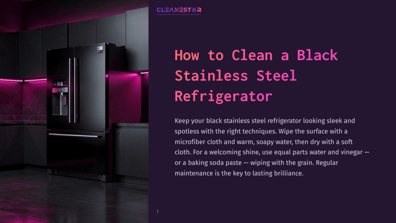 1 How To Clean A Black Stainless Steel Refrigerator A Sleek, Black Stainless Steel Refrigerator Stands In A Modern Kitchen With Dramatic Pink Accent Lighting. The Text &Quot;Cleanestor&Quot; And &Quot;How To Clean A Black Stainless Steel Refrigerator&Quot; Is Visible.