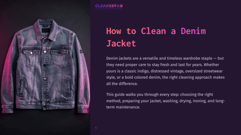 1 How To Clean A Denim Jacket A Light Wash Denim Jacket With A Distressed Look, Laid Flat Against A Dark Background With Purple Lighting. The Text &Quot;Cleanestor&Quot; And &Quot;How To Clean A Denim Jacket&Quot; Is Visible.