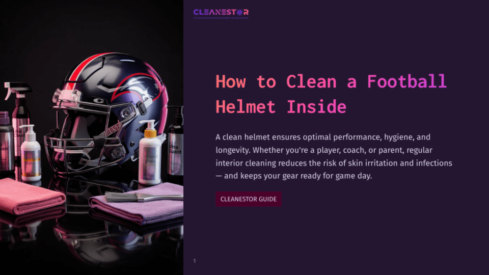 1 How To Clean A Football Helmet Inside A Black And Red Football Helmet With A Silver Face Guard Sits Next To Cleaning Products On A Purple Background. The Helmet Is Surrounded By Bottles Of Cleaning Solution, A Sponge, And A Towel, Indicating A Guide On How To Clean A Football Helmet.