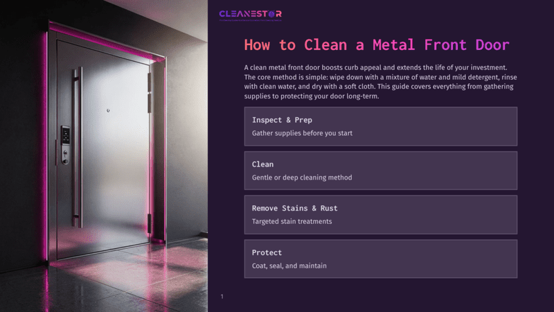 1 How To Clean A Metal Front Door A Sleek, Modern Metal Front Door With A Digital Lock And Handle, Illuminated By Purple Led Lights, Stands Open In A Dimly Lit Hallway. The Text &Quot;Cleanestor&Quot; And &Quot;How To Clean A Metal Front Door&Quot; Is Visible.