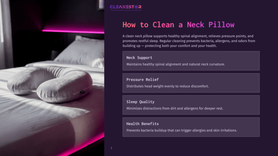 1 How To Clean A Neck Pillow A Clean Neck Pillow Rests On A White Bed With A Pink Headboard. Text Overlay Reads &Quot;Cleanestor&Quot; And &Quot;How To Clean A Neck Pillow.