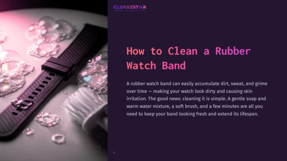1 How To Clean A Rubber Watch Band Close-Up Of A Black Rubber Watch Band With Bubbly Soap Suds And A Soft Cleaning Brush, With The Text &Quot;Cleanestor How To Clean A Rubber Watch Band&Quot; Visible.
