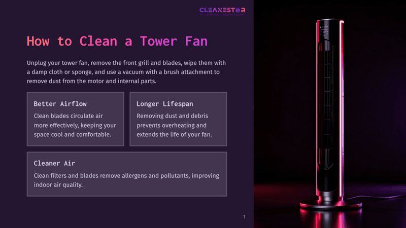 1 How To Clean A Tower Fan A Modern, Black Tower Fan With A Sleek Silver Base Stands On A Dark Surface, Illuminated By Vibrant Pink And Purple Neon Lights. Text On The Left Reads &Quot;How To Clean A Tower Fan&Quot; And &Quot;Better Airflow,&Quot; &Quot;Longer Lifespan,&Quot; And &Quot;Cleaner Air.
