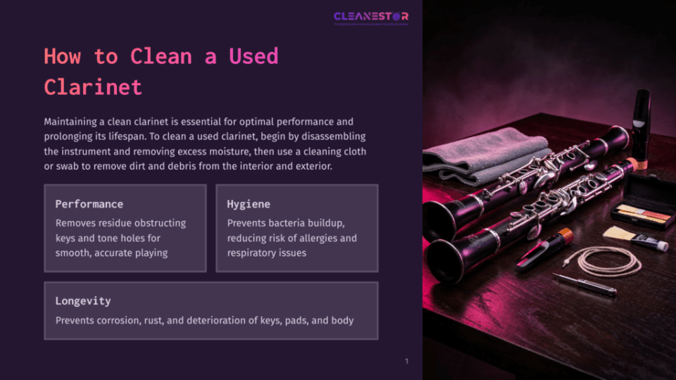 1 How To Clean A Used Clarinet Close-Up Of A Used Clarinet Disassembled On A Dark Wooden Surface, With Cleaning Cloths And Tools. The Image Highlights Cleaning A Used Clarinet For Performance And Longevity.
