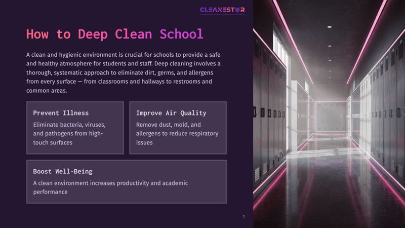 1 How To Deep Clean School A Modern School Hallway With Rows Of Lockers, Illuminated By Pink Neon Lights, Suggesting A Deep Clean Environment For Students And Staff.
