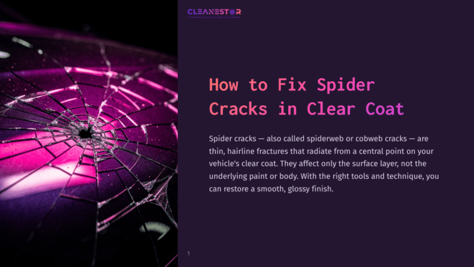 1 How To Fix Spider Cracks In Clear Coat Close-Up Of A Shattered Car Windshield With A Spiderweb Crack Pattern, Illuminated By Vibrant Pink And Purple Light, Highlighting The Damage To The Clear Coat.