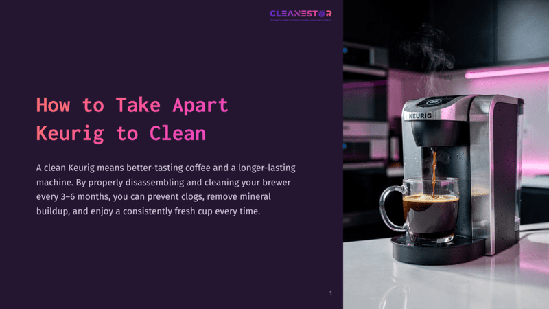 1 How To Take Apart Keurig To Clean A Keurig Coffee Maker Brews Hot Coffee Into A Clear Mug, Steam Rising From The Dark Liquid. The Machine Is Silver And Black, With A Glowing Blue Light. The Background Is A Modern Kitchen With Pink Led Lighting.