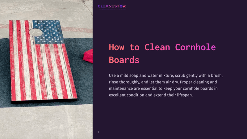 1 How To Clean Cornhole Boards Cornhole Board Featuring An American Flag Design, Placed On A Gray Surface, With A Pink Item And A Cleaning Brush Nearby.