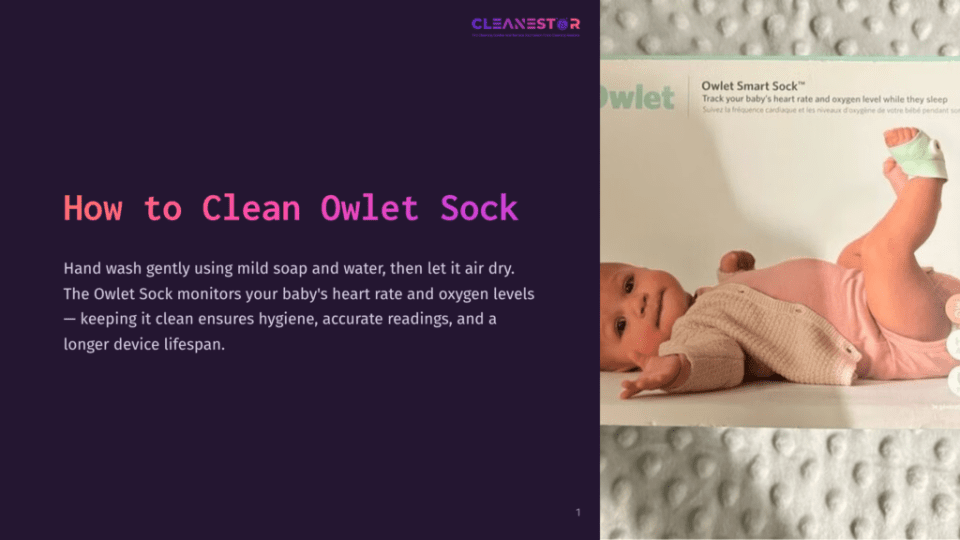 1 How To Clean Owlet Sock A Baby Lying On A Textured Surface, Wearing An Owlet Sock On One Foot. The Sock Is Pink, While The Background Is Light Grey.