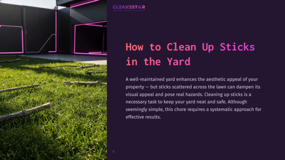 1 How To Clean Up Sticks In The Yard Cleanestor Logo At The Top Of A Dark Background, With The Title &Quot;How To Clean Up Sticks In The Yard&Quot; And A Description Of Yard Maintenance.