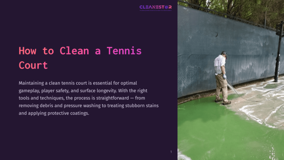 1 How To Clean A Tennis Court A Person Wearing A White Shirt And Beige Pants Sprays Water On A Green Tennis Court Beside A Blue Wall, Surrounded By Greenery.
