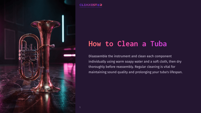 1 How To Clean A Tuba A Shiny Brass Tuba Stands On A Dark, Reflective Surface With Colorful, Moody Lighting In The Background.