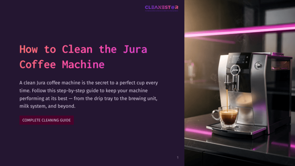 1 How To Clean The Jura Coffee Machine A Jura Coffee Machine Brews A Fresh Espresso Into A Clear Glass Cup, Steam Rising From The Dark Liquid. The Sleek, Modern Machine Sits On A Dark Countertop, With A Vibrant Pink Light Illuminating The Background.