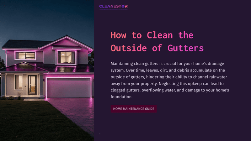 1 How To Clean The Outside Of Gutters A Modern Two-Story House With Purple Exterior Lighting, Featuring A Well-Maintained Driveway And Lawn, Illuminated At Dusk. The Text &Quot;Cleanestor&Quot; Is Visible At The Top.
