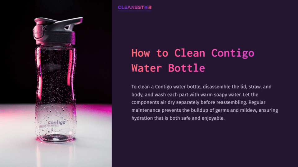 1 How To Clean Contigo Water Bottle Clear Contigo Water Bottle With Purple Accents, Disassembled Lid And Straw Beside It, On A Dark Purple Background.