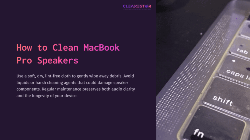 1 How To Clean Macbook Pro Speakers Close-Up Of A Macbook Pro Speaker Area, Highlighting Its Metallic Finish And Speaker Grilles, With A Cleaning Cloth Nearby.