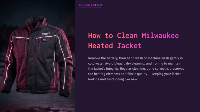 1 How To Clean Milwaukee Heated Jacket Milwaukee Heated Jacket Displayed Against A Dark Background, Featuring A Sleek Black Design With Pink Accents And Text On Cleaning Instructions.