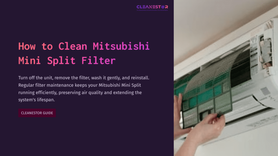 1 How To Clean Mitsubishi Mini Split Filter Mitsubishi Mini Split Air Conditioning Unit Showing A Removable Filter Being Cleaned, With Instructional Text On Filter Maintenance.