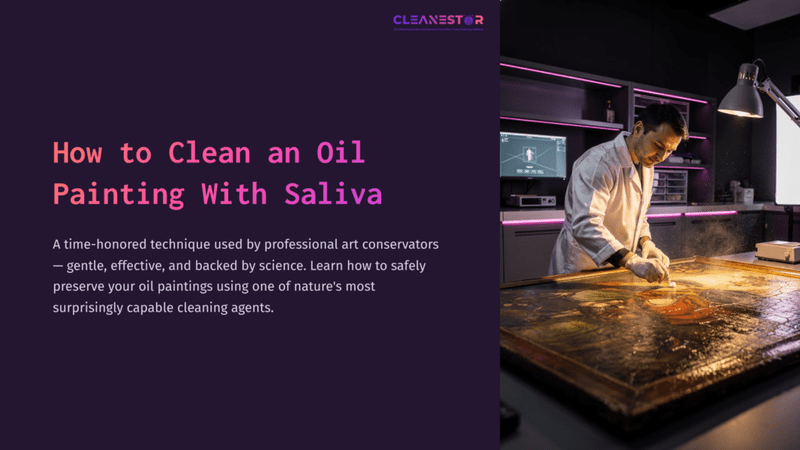 1 How To Clean An Oil Painting With Saliva A Conservator Stands At A Workbench, Cleaning An Oil Painting With A Focused Expression, Surrounded By Art Supplies And A Digital Display.