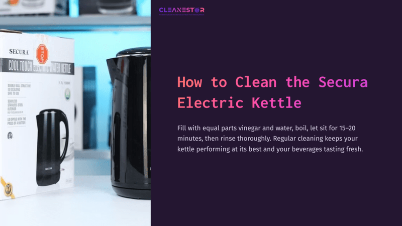 1 How To Clean The Secura Electric Kettle Black Secura Electric Kettle Next To Its Packaging On A Countertop, With A Blue Background And Cleaning Instructions Displayed.