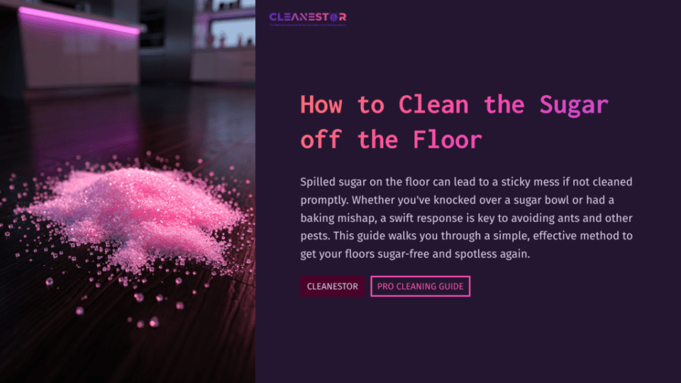 1 How To Clean The Sugar Off The Floor A Heap Of Pink Sugar Spilling On A Polished Floor, With A Softly Lit Background Featuring Shelves And Glowing Purple Accents.