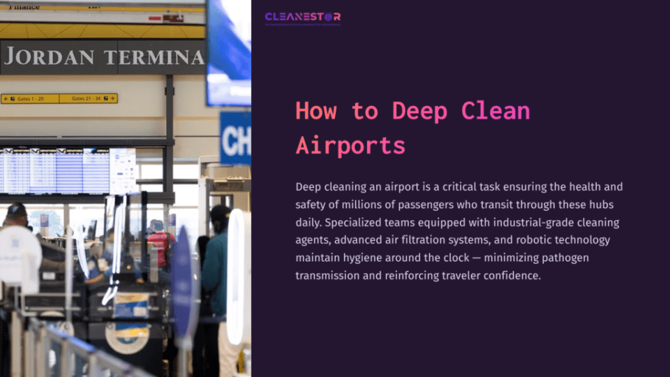 1 How To Deep Clean Airports Airport Terminal Sign Featuring &Quot;Jordan Terminal&Quot; With Passengers In The Foreground, Emphasizing Bustling Activity And Movement.