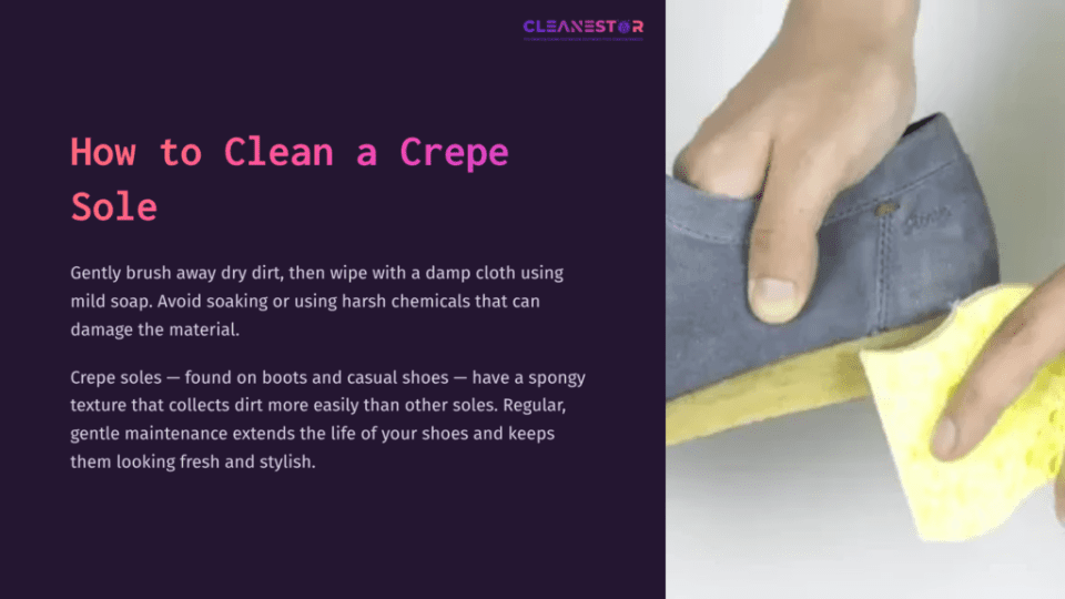 1 How To Clean A Crepe Sole 1 Hand Wiping A Grey Crepe Sole With A Damp Cloth, Against A Purple Background, Illustrating Shoe Cleaning Instructions.