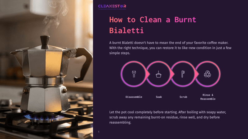 1 How To Clean A Burnt Bialetti A Vintage Bialetti Stovetop Espresso Maker, Steaming, Sits On A Gas Burner On A Stove, With A Graphic Overlay Detailing &Quot;How To Clean A Burnt Bialetti&Quot; And Steps: Disassemble, Soak, Scrub, Rinse &Amp; Reassemble.