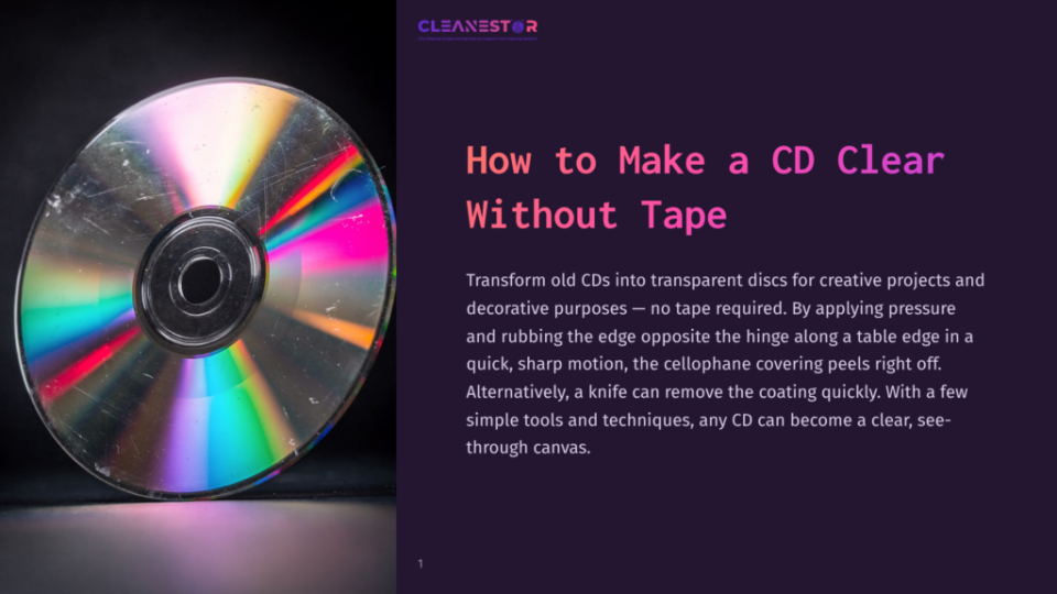 1 How To Make A Cd Clear Without Tape A Scratched, Iridescent Cd Is Shown With A &Quot;Cleanestor&Quot; Logo And The Title &Quot;How To Make A Cd Clear Without Tape&Quot; Overlayed On A Dark Purple Background.