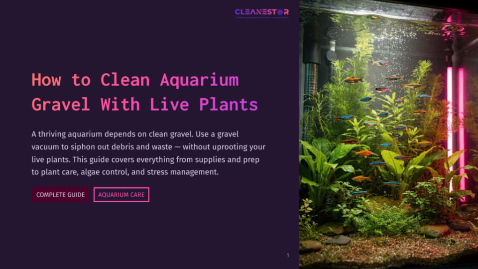 1 How To Clean Aquarium Gravel With Live Plants A Vibrant, Well-Maintained Aquarium With Lush Green Plants And A School Of Small, Colorful Fish Swimming Amongst Them. The Text &Quot;How To Clean Aquarium Gravel With Live Plants&Quot; Is Prominently Displayed On The Left Side Of The Image.