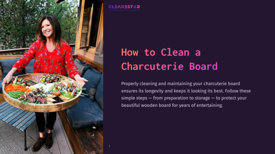 1 How To Clean A Charcuterie Board Woman In A Red Top Holding A Large Wooden Charcuterie Board Filled With Meats, Cheeses, Fruits, And Vegetables. The Text &Quot;Cleanestor How To Clean A Charcuterie Board&Quot; Is Visible.