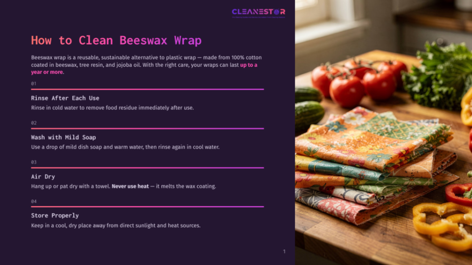 1 How To Clean Beeswax Wrap A Wooden Cutting Board Displays Colorful Beeswax Wraps Neatly Folded, Surrounded By Fresh Vegetables Like Tomatoes, Cucumbers, And Peppers. A Banner In The Top Left Corner Reads &Quot;How To Clean Beeswax Wrap&Quot; With A Step-By-Step Guide.